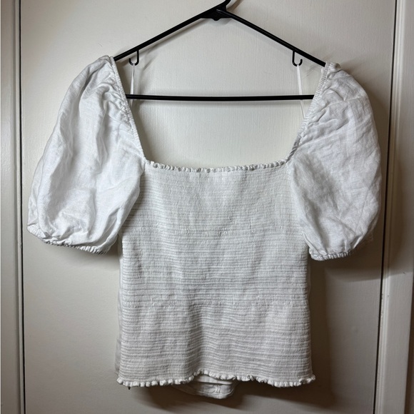 Reformation Rome White 100% Linen Puff Sleeve Smocked Cropped Peasant Top 12 - Picture 11 of 16